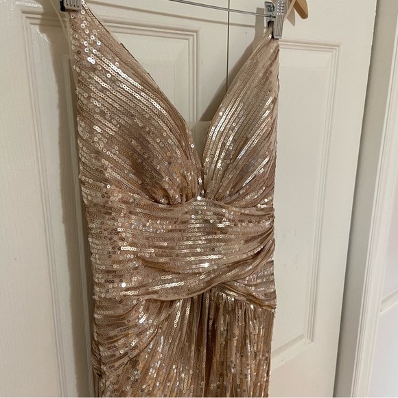 Andrea and Leo Couture Champagne Gold Open Back Sequins Maxi Gown Dress Size 6 - Picture 7 of 11